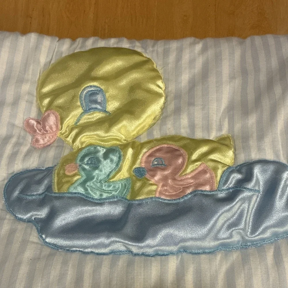 VTG Little Bedding Blue/White Striped Duck Crib Quilt with Ruffled Trim